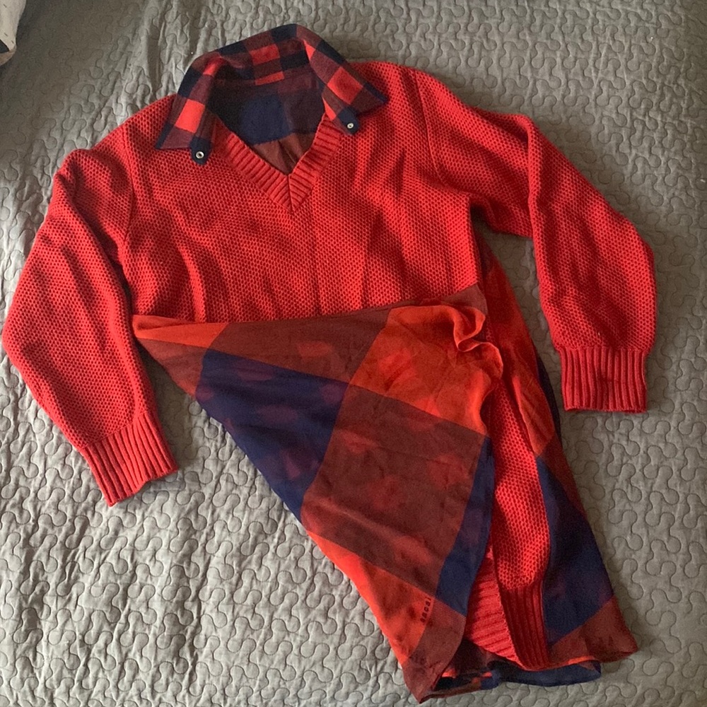 Sacai wool sweater dress red orange with plaid silk back